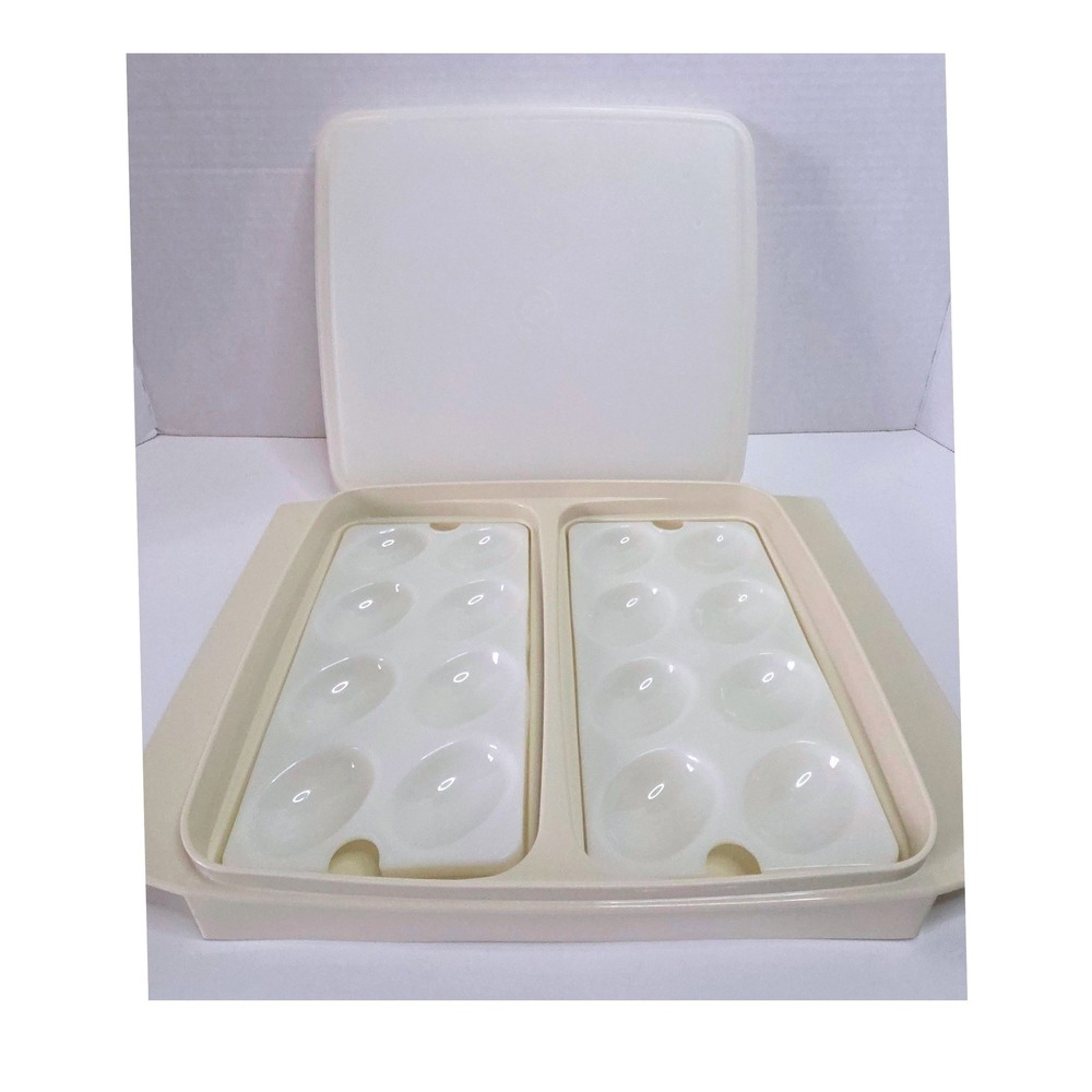 Vintage Tupperware Deviled Egg Carrier Almond Cream 723-4 Tray Lid 16 Slot 722-1